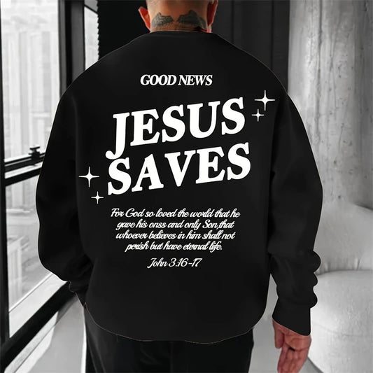 Trendy Jesus Saves Letters Sweatshirts for Men Fashion Autumn Long Sleeve 3D Printed O Neck Hoodies Loose Streetwear Pullovers